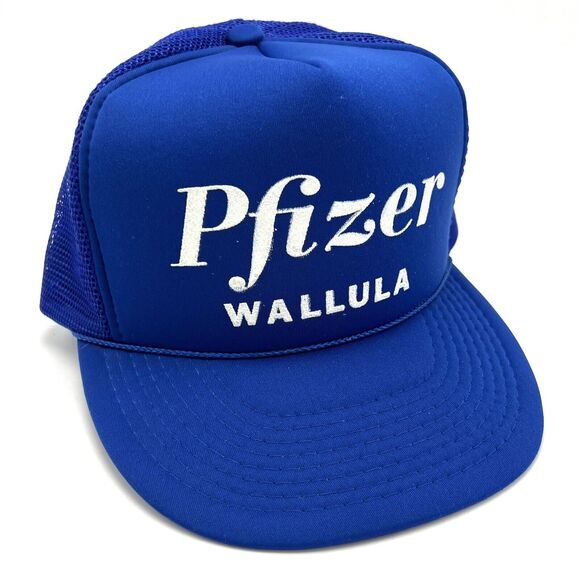 Vintage Pfizer Trucker Hat Blue Mesh Snapback Pharmaceutical Merch Wallula WA - Picture 1 of 11